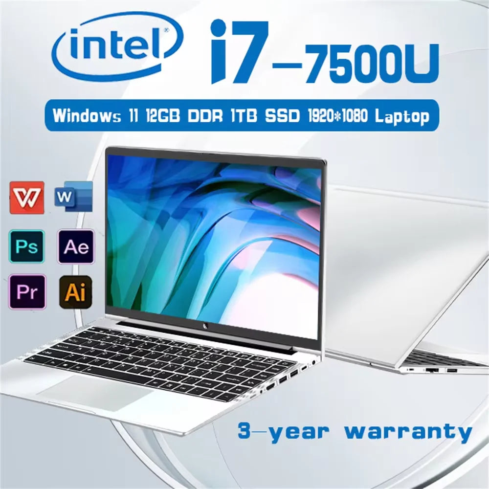 14.1 Inch Portable Laptop Computer Intel Core i7 7500U Dual Core 12GB RAM 512GB 1TB 2TB SSD Windows 11 Laptop Pc Gamer Notebook