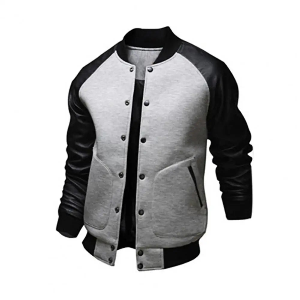 Men Coat Stand Collar Contrast Colors Big Pockets Patchwork Casual Baseball Jacket for Daily Wear