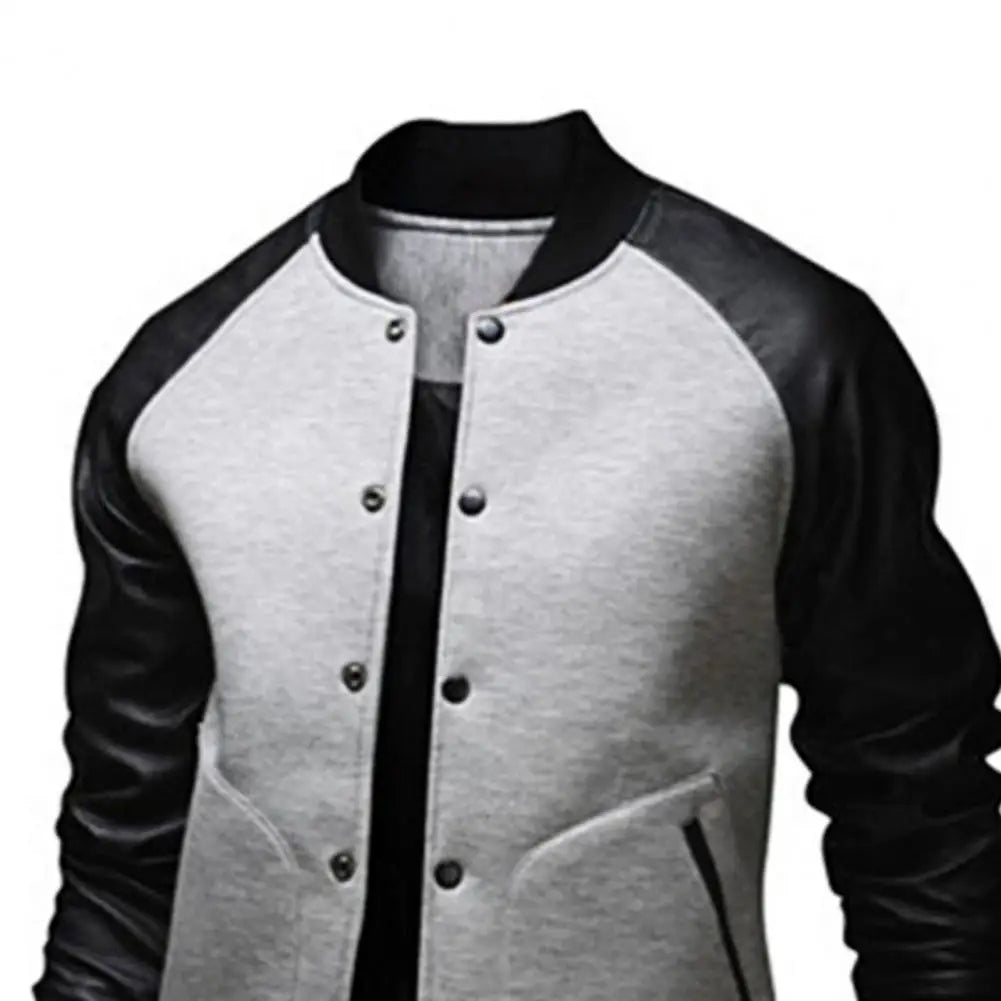 Men Coat Stand Collar Contrast Colors Big Pockets Patchwork Casual Baseball Jacket for Daily Wear