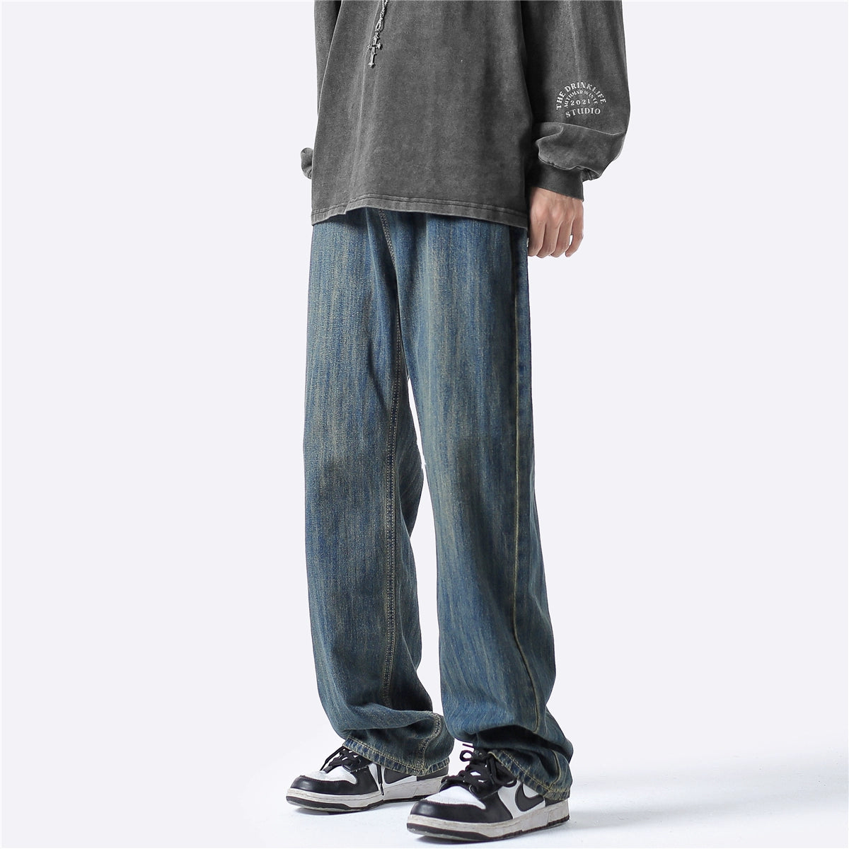 Jeans Men's Straight Retro Loose Fashion Brand Basic Style Trousers Autumn New High Street Wide Leg Washed Pants