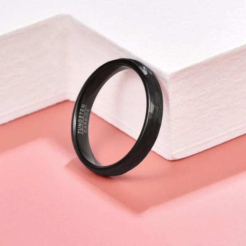 Black 4mm Tungsten Caebide Ring Wedding Band for Men Women Multi-Faceted Hammered Brushed Finish Comfort Fit AAA Quality