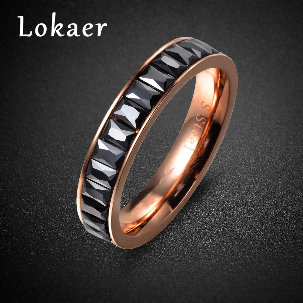 Lokaer Classic Stainless Steel Rings Inlay Black Rectangle Cubic Zircon Wedding Engagement Ring For Women Bridal Sets R17027