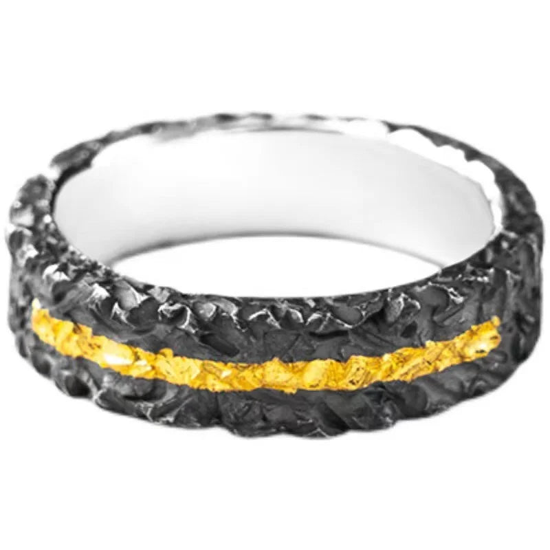 Vintage Gold Flame Design Black Collision Men Ring Open Size Personality 925 Ring Male Jewelry