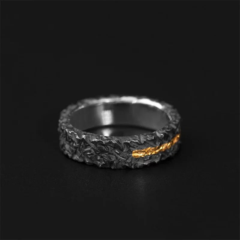 Vintage Gold Flame Design Black Collision Men Ring Open Size Personality 925 Ring Male Jewelry
