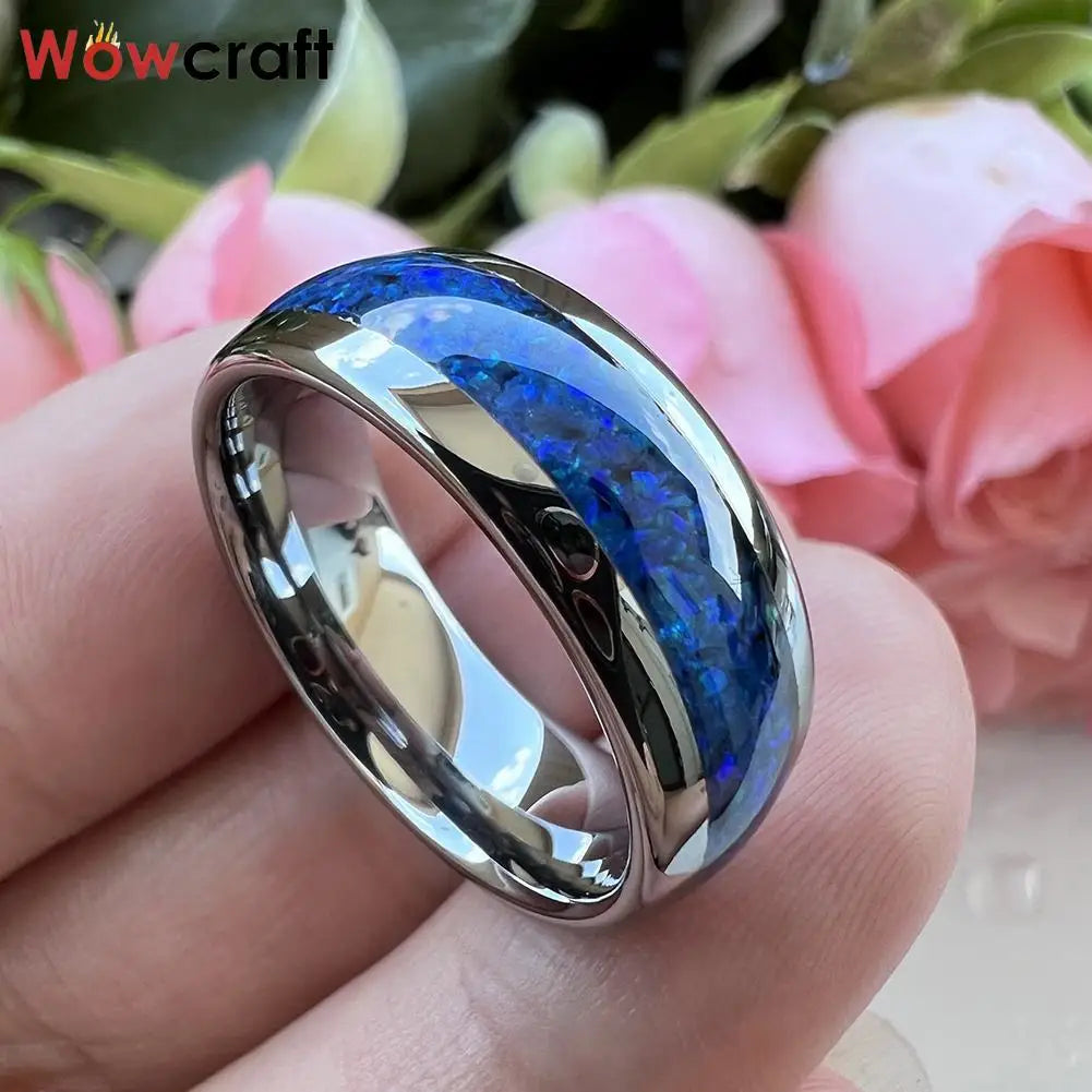 Tungsten Carbide ring for Men Women Fashion Engagement Wedding Band Blue Opal Inlay Comfort Fit