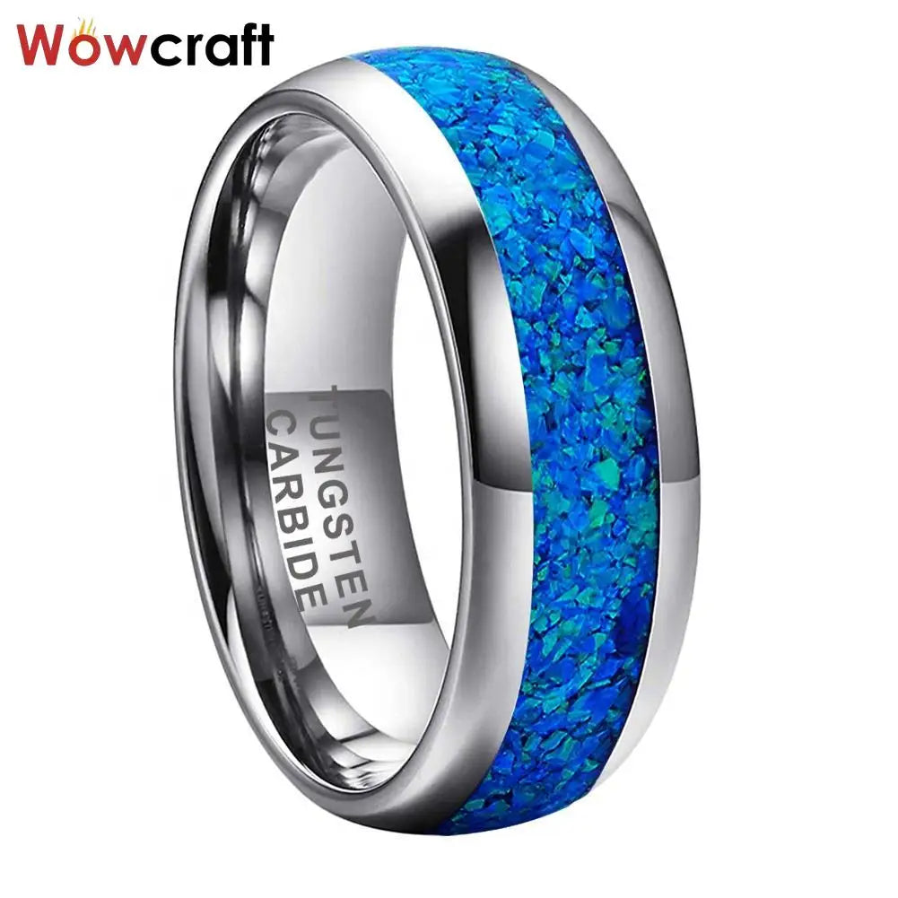 Tungsten Carbide ring for Men Women Fashion Engagement Wedding Band Blue Opal Inlay Comfort Fit