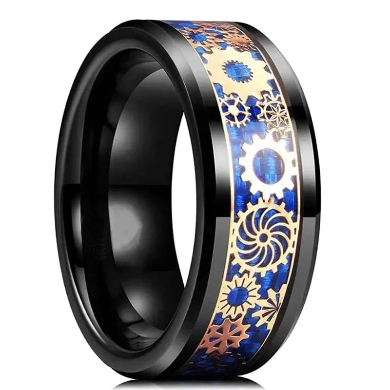 New Fashion Steampunk Gear Wheel Men Stainless Steel Ring Inlay Carbon Fiber Rings For Men Rock Punk Wedding Band Jewelry