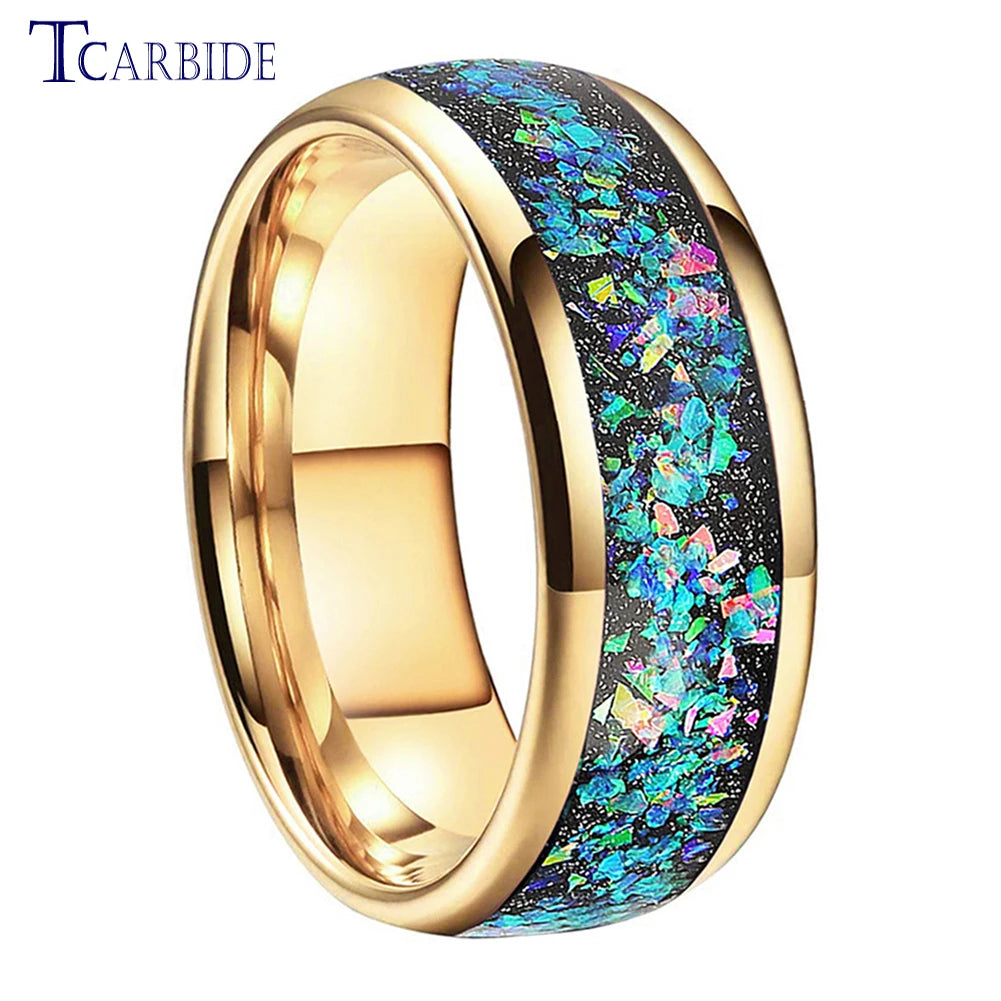 8mm Black Tungsten Engagement Wedding Band Men Women Ring Galaxy Series Opal Inlay Dome Polish Fashion Gift Jewelry Comfort Fit