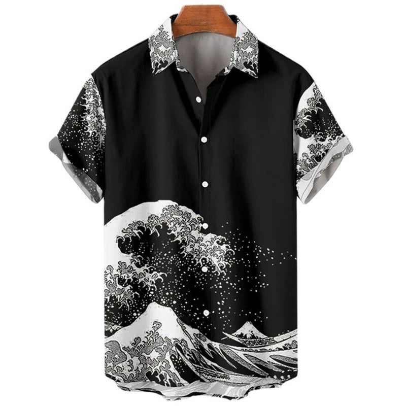 Men's Hawaiian Retro Waves Shirts 3D Printed Short Sleeves casual Lapel Beach Style Tops Fashion Versatile Style Clothing