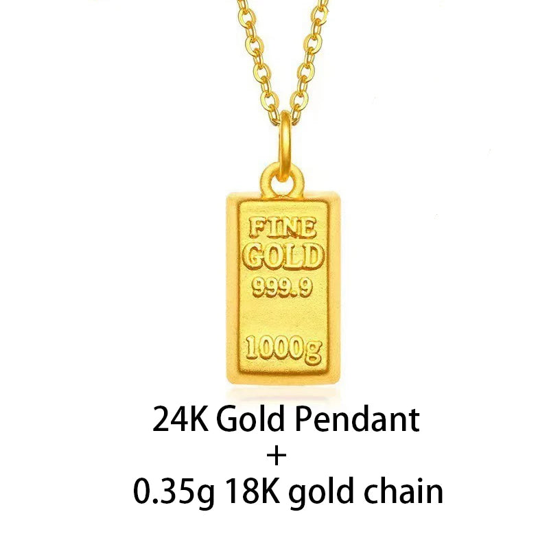 YUNLI Real 24K Pure 999 Gold Pendant Necklace Luxury Gold Bricks Design Pure AU750 Chain for Women Fine Jewelry Gift