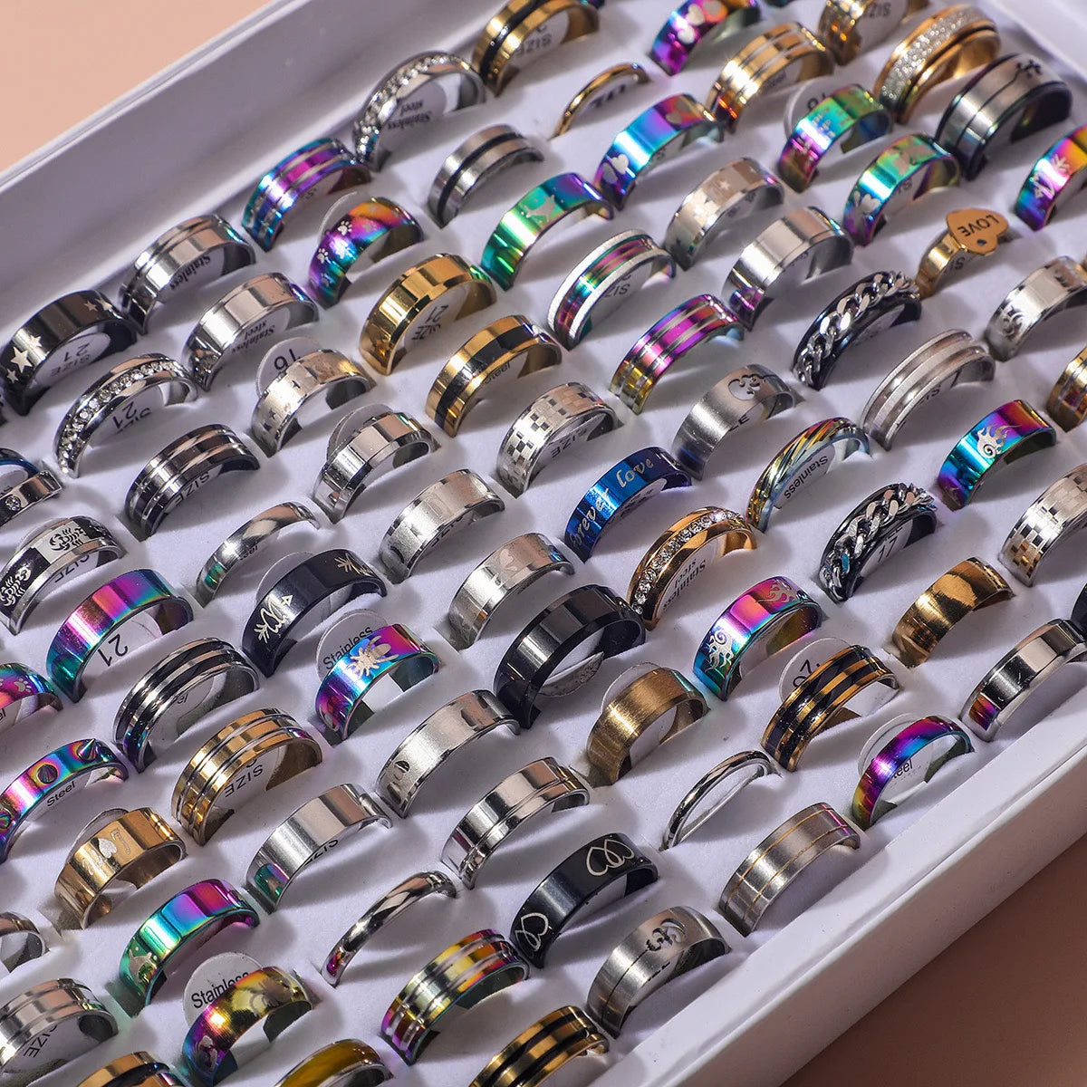 Chain Stainless Steel Couple Rings Punk Hip-Hop Water Diamond Inlay Mixed Styles Rings Trend Finger Accessories Jewelry 10Pcs