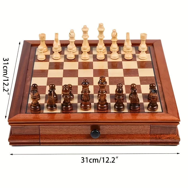 31CM / 12.2" High Quality Solid Wood Chess Large Drawer Storage Chess Board Retro Wooden Chess Pieces Nice Gift Decoration
