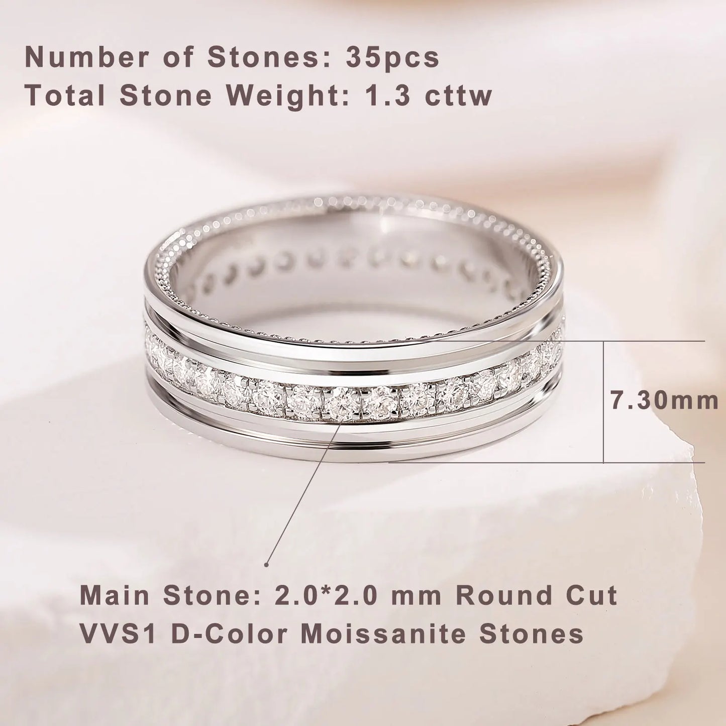 Newshe D Color Men’s Moissanite Wedding Bands 925 Sterling Silver Promise Rings for Him Eternity Round Cut Pave Setting Jewelry