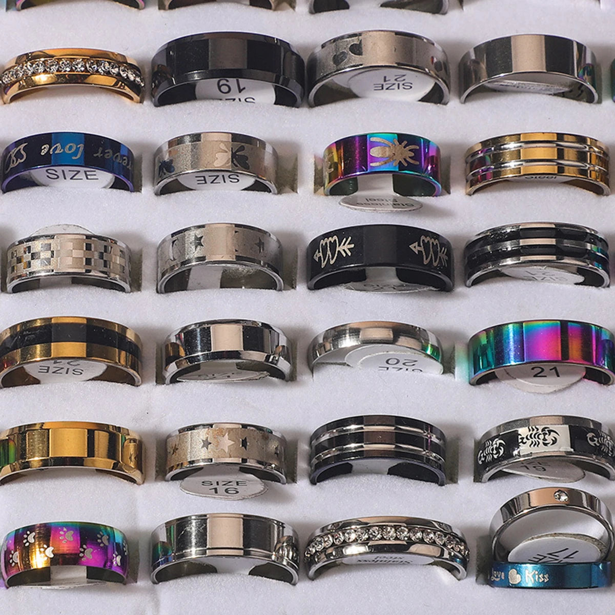 Chain Stainless Steel Couple Rings Punk Hip-Hop Water Diamond Inlay Mixed Styles Rings Trend Finger Accessories Jewelry 10Pcs