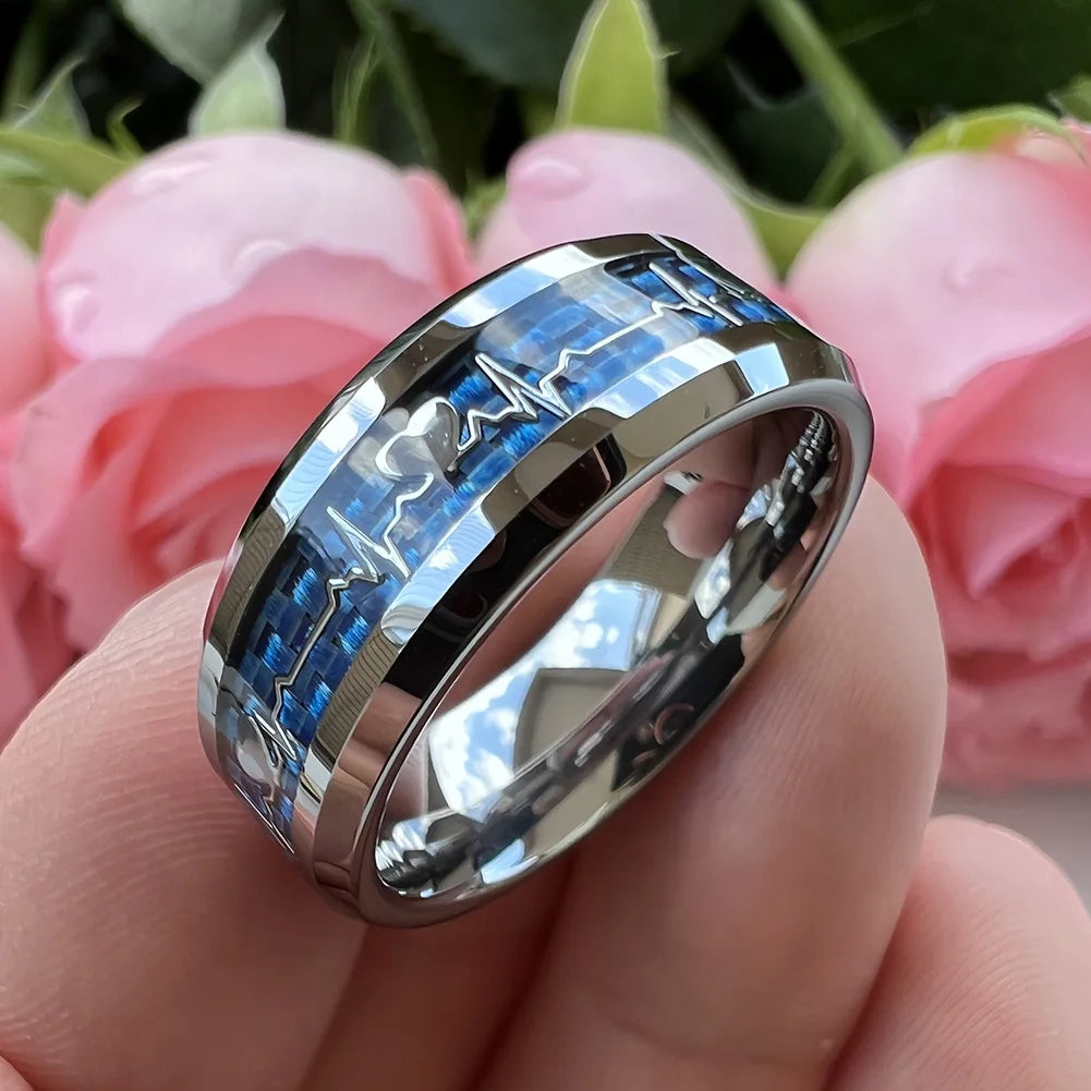 Fashion 8mm Black Carbon Fiber Heart Inlay Tungsten Carbide Engagement Rings Wedding Bands Domed Polished Shiny Comfort Fit