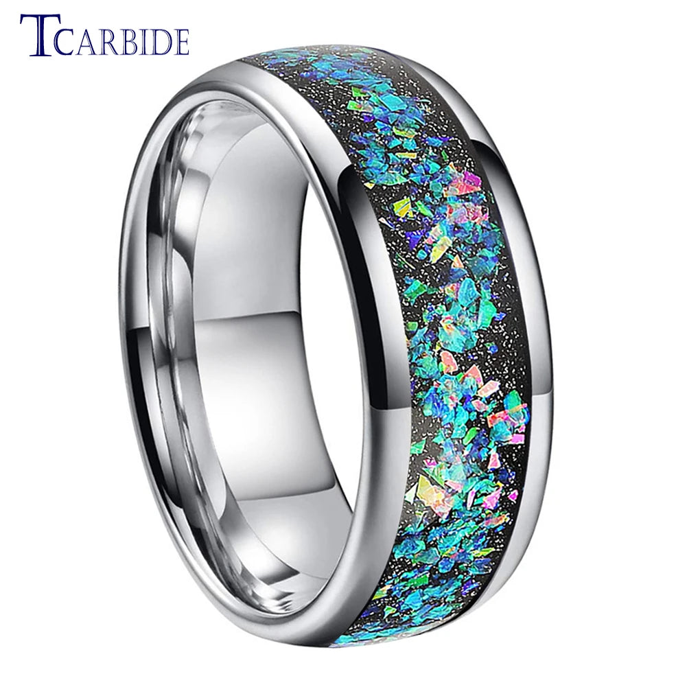 8mm Black Tungsten Engagement Wedding Band Men Women Ring Galaxy Series Opal Inlay Dome Polish Fashion Gift Jewelry Comfort Fit
