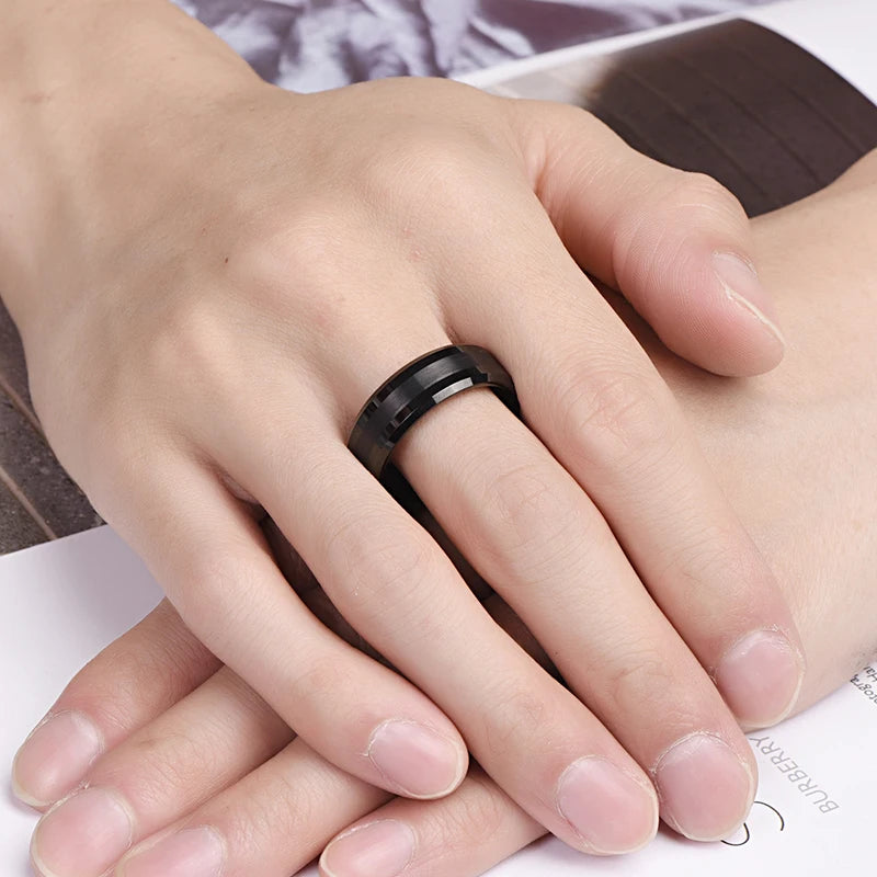 NUNCAD 8mm Tungsten Carbide Black Wedding Engagement Band Brushed Center Men's Ring Beveled Edge Comfort Fit Size 7-12 T018R
