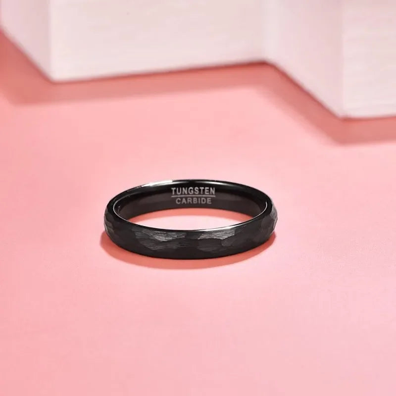Black 4mm Tungsten Caebide Ring Wedding Band for Men Women Multi-Faceted Hammered Brushed Finish Comfort Fit AAA Quality