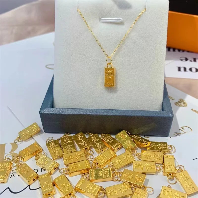 YUNLI Real 24K Pure 999 Gold Pendant Necklace Luxury Gold Bricks Design Pure AU750 Chain for Women Fine Jewelry Gift