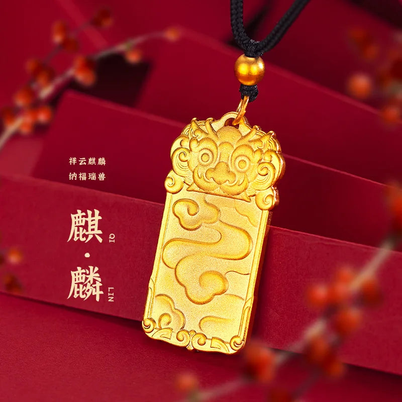 Retro Antique Style Auspicious Cloud Kyrin Pendant 9999 24K Real Gold Men's Nafu Kyrin Peaceful Brand Good Luck Pendants Men