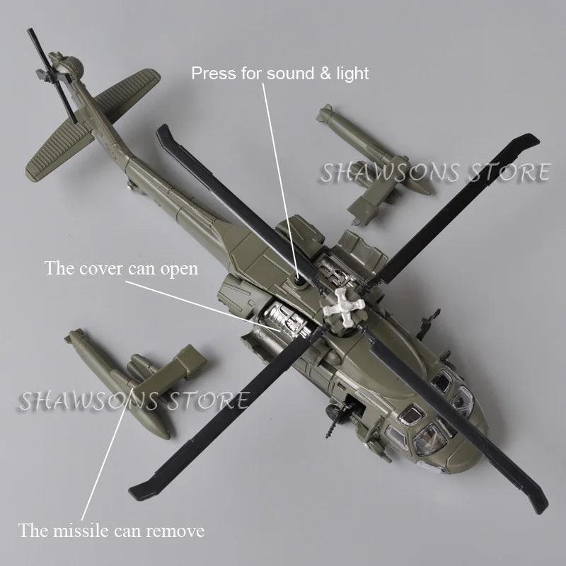1:72 Diecast Aircraft Model Toy UH-60 Utility Helicopter Gunship Black Hawk Miniature Replica Sound & Light