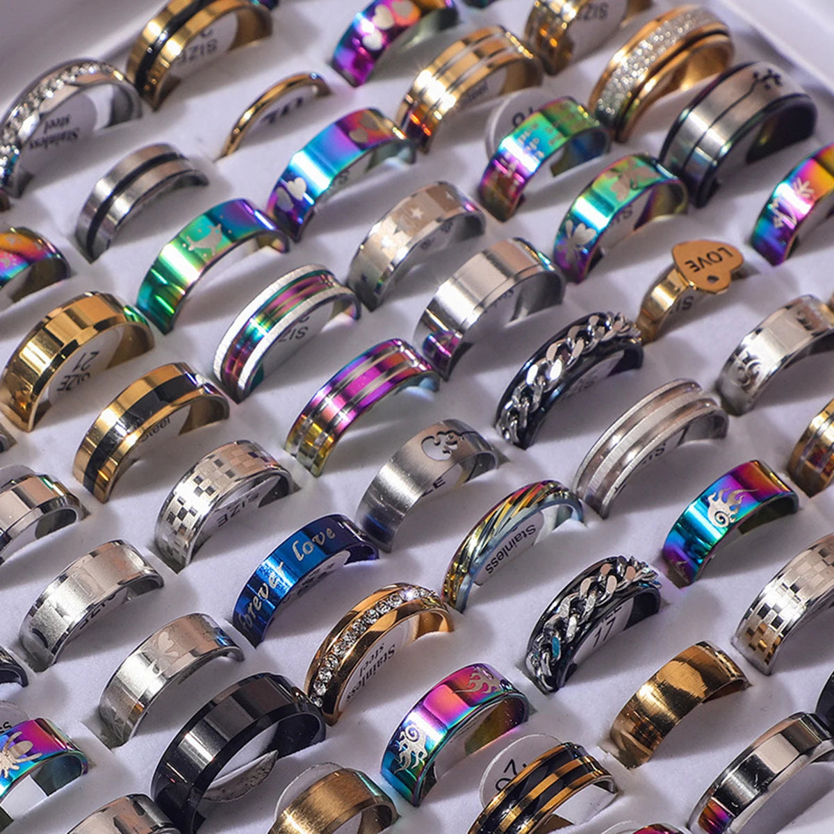 Chain Stainless Steel Couple Rings Punk Hip-Hop Water Diamond Inlay Mixed Styles Rings Trend Finger Accessories Jewelry 10Pcs