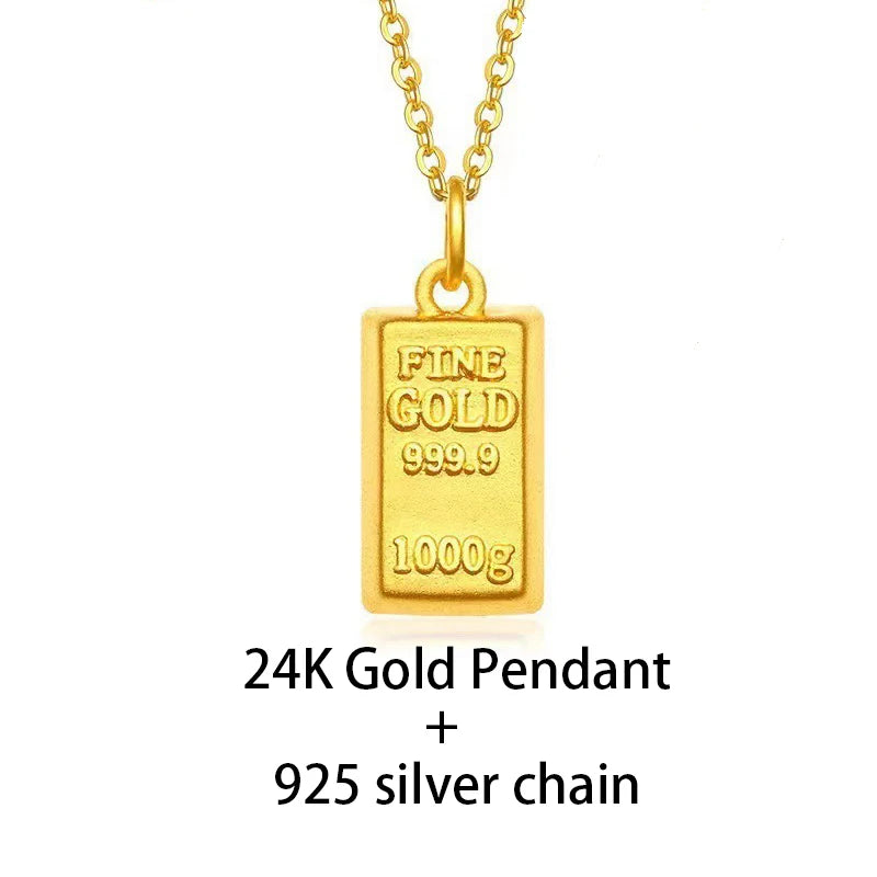 YUNLI Real 24K Pure 999 Gold Pendant Necklace Luxury Gold Bricks Design Pure AU750 Chain for Women Fine Jewelry Gift