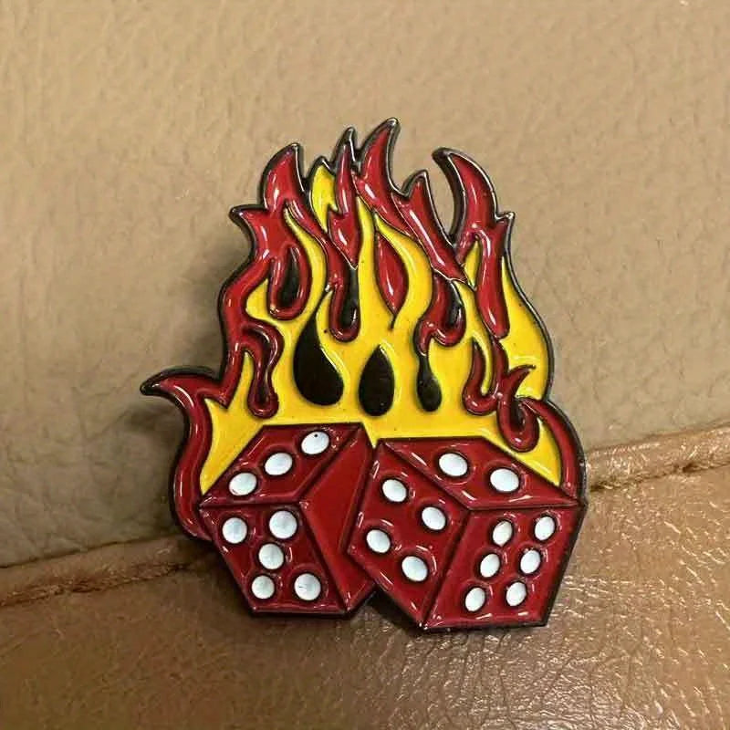 Burning Dice Flame Brooch Gambling Fun Badge Pin Buckle Accessory for Gamblers