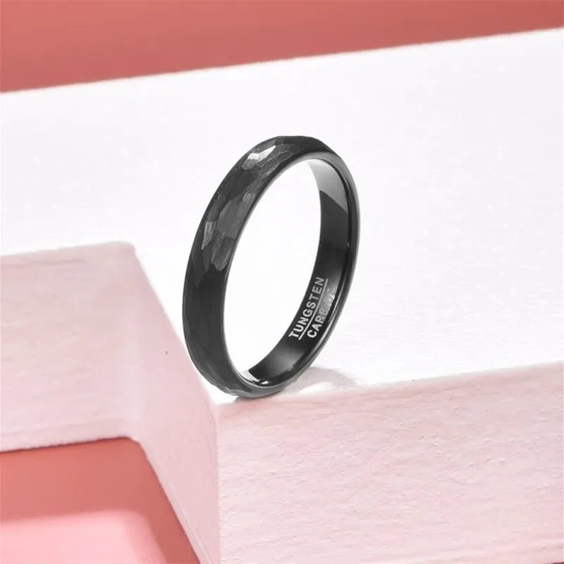 Black 4mm Tungsten Caebide Ring Wedding Band for Men Women Multi-Faceted Hammered Brushed Finish Comfort Fit AAA Quality