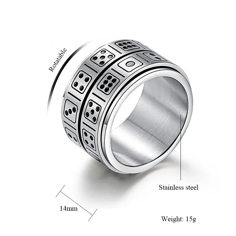 New Design Double Dice Ring Men Punk Rotatable Lucky Ring Stainless Steel Punk Spinner Ring