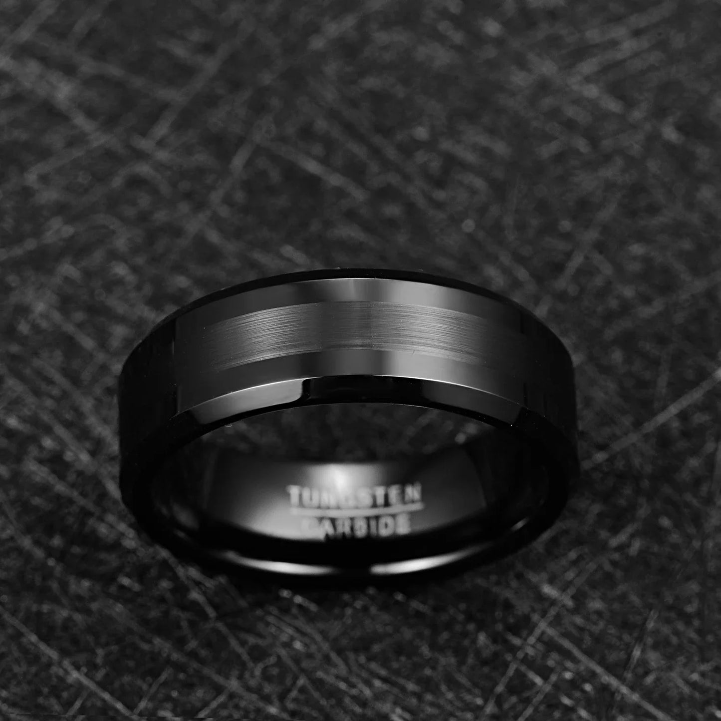 NUNCAD 8mm Tungsten Carbide Black Wedding Engagement Band Brushed Center Men's Ring Beveled Edge Comfort Fit Size 7-12 T018R