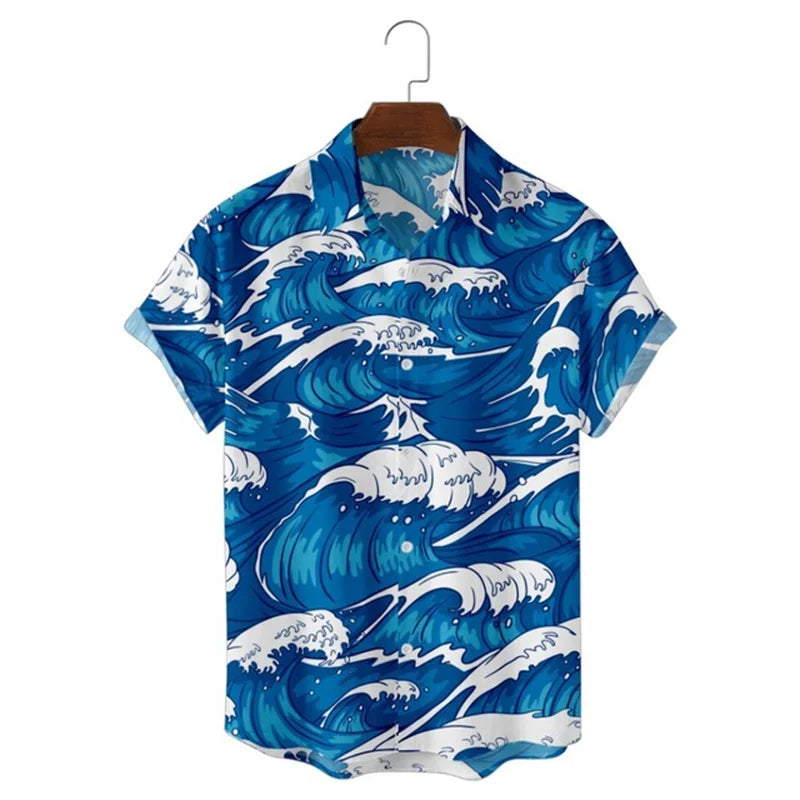 Men's Hawaiian Retro Waves Shirts 3D Printed Short Sleeves casual Lapel Beach Style Tops Fashion Versatile Style Clothing