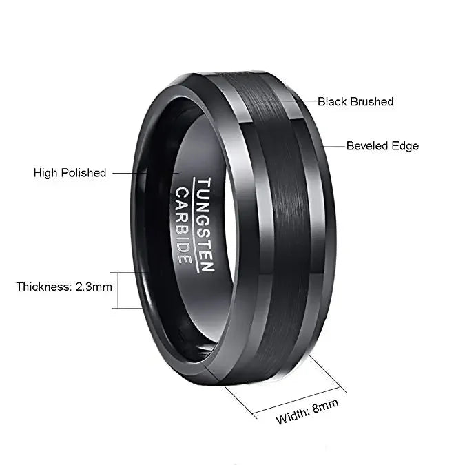 NUNCAD 8mm Tungsten Carbide Black Wedding Engagement Band Brushed Center Men's Ring Beveled Edge Comfort Fit Size 7-12 T018R