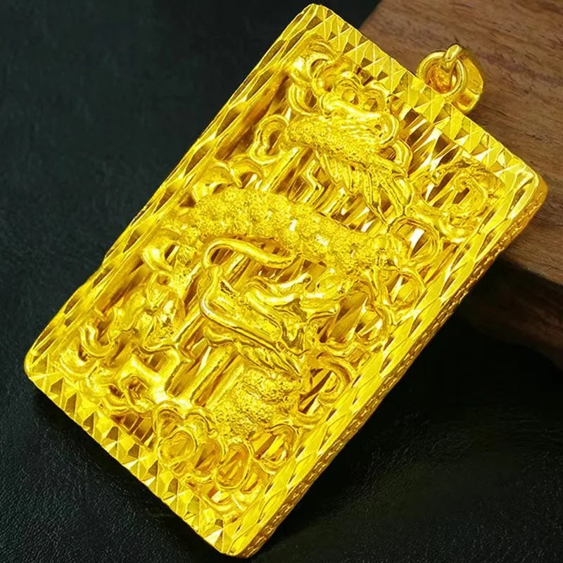 24K Real Gold 9999 Flying Dragon in Heaven Men's Necklace Thick Gold Flower Border Dragon Pendant Men's Gold Pendants Jewelry