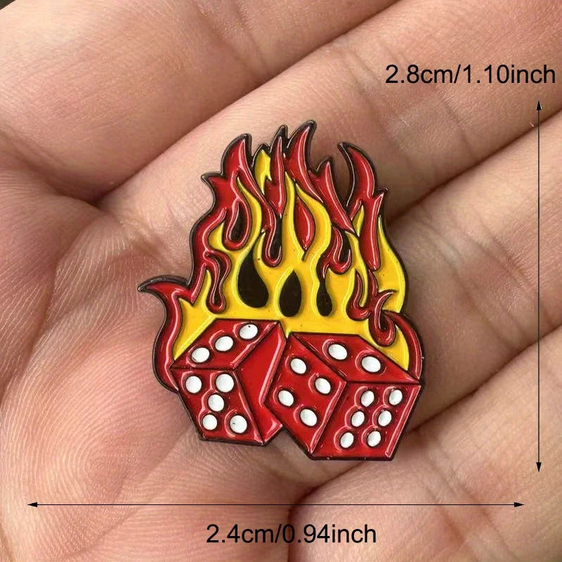 Burning Dice Flame Brooch Gambling Fun Badge Pin Buckle Accessory for Gamblers