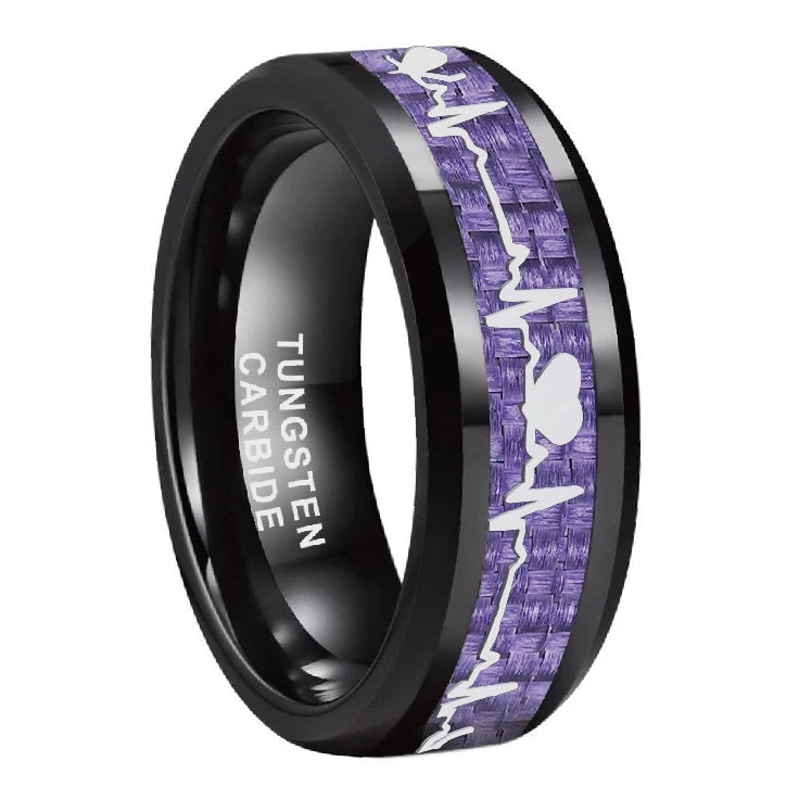 Fashion 8mm Black Carbon Fiber Heart Inlay Tungsten Carbide Engagement Rings Wedding Bands Domed Polished Shiny Comfort Fit