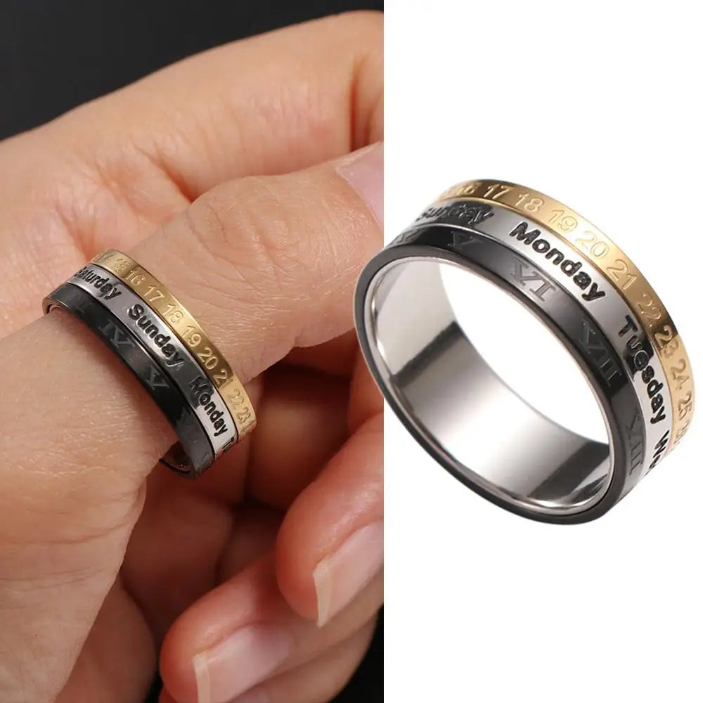 Gifts Male Spinner Cool Punk Titanium Steel Date Time Calendar Joint Ring Fashion Jewelry Finger Ring Men Ring