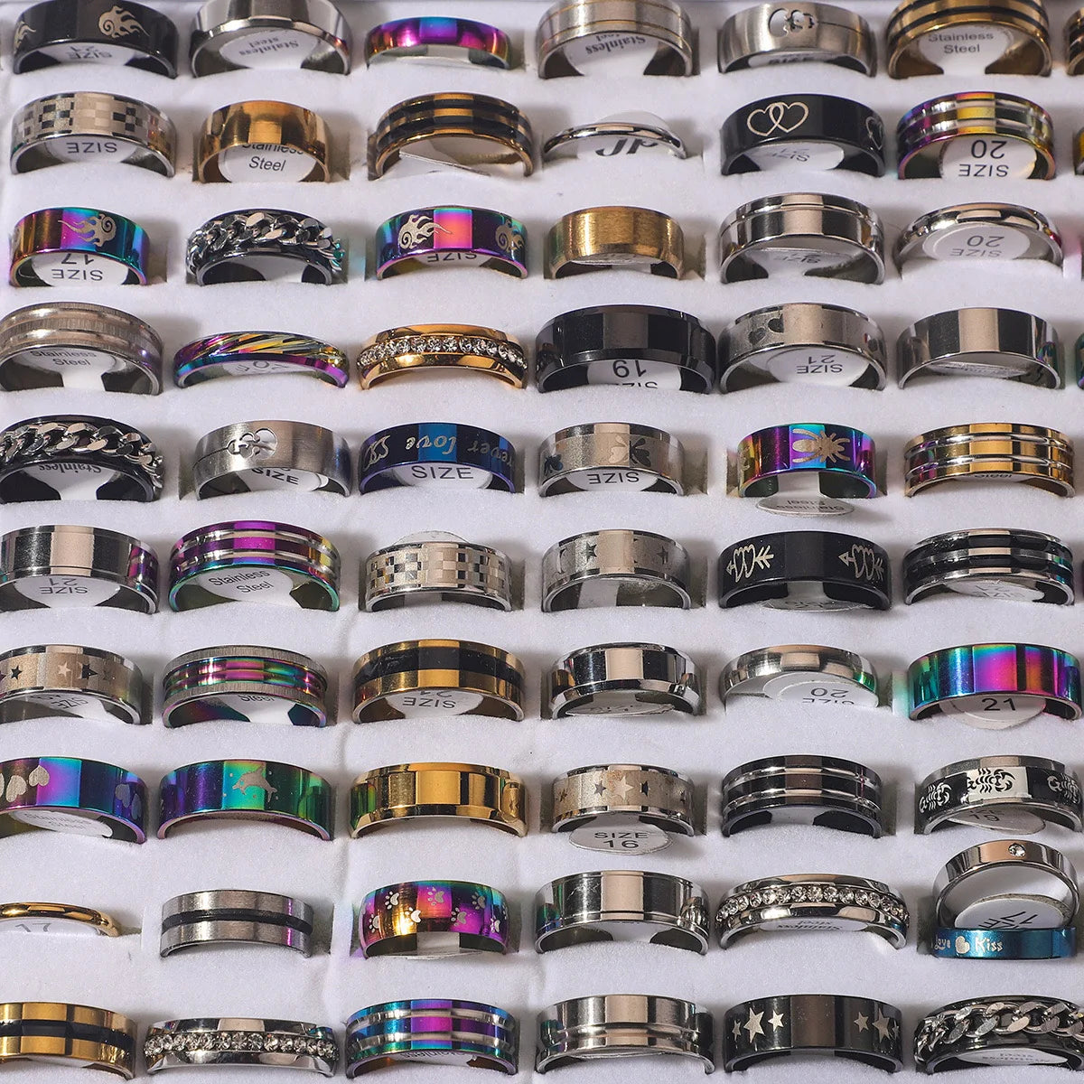 Chain Stainless Steel Couple Rings Punk Hip-Hop Water Diamond Inlay Mixed Styles Rings Trend Finger Accessories Jewelry 10Pcs