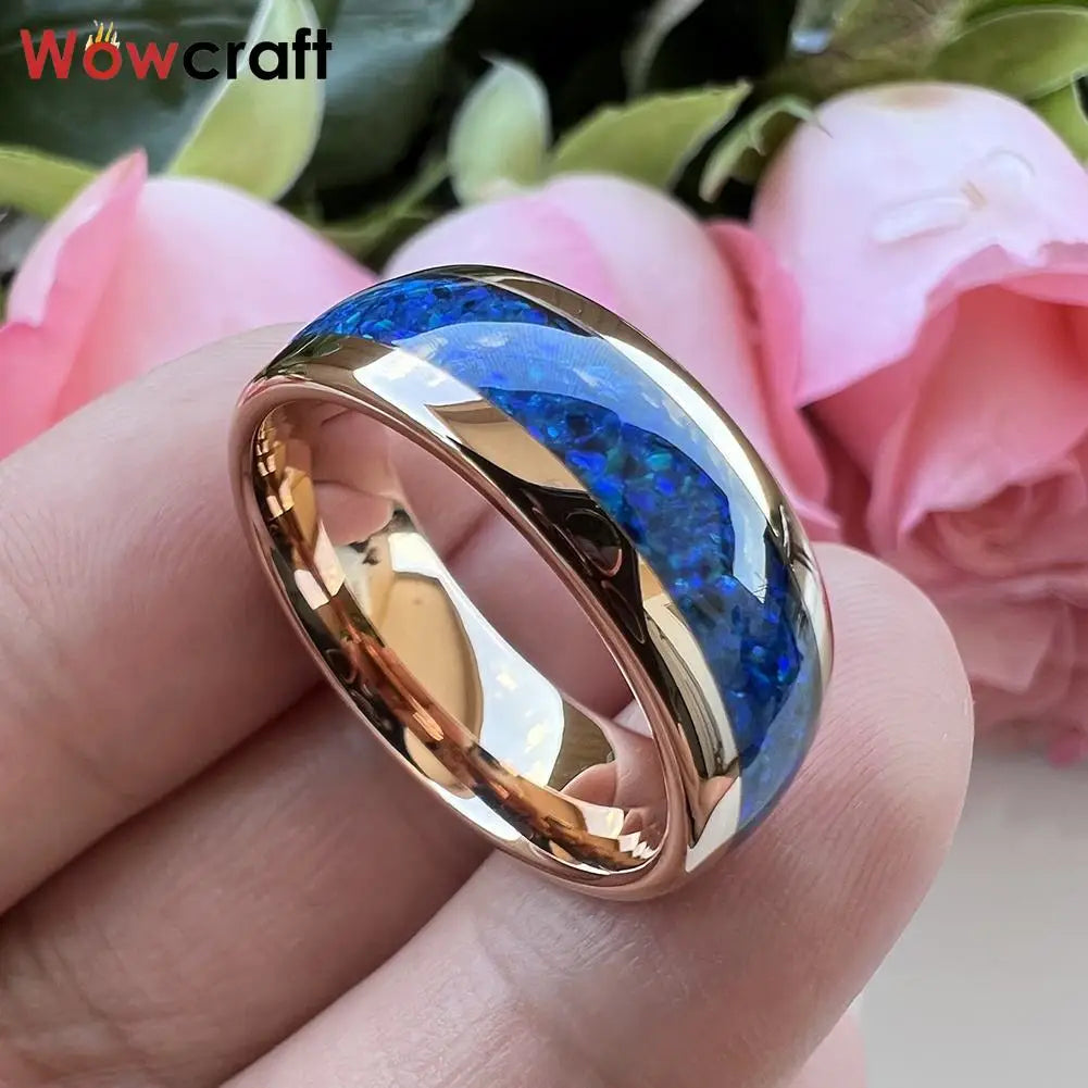 Tungsten Carbide ring for Men Women Fashion Engagement Wedding Band Blue Opal Inlay Comfort Fit