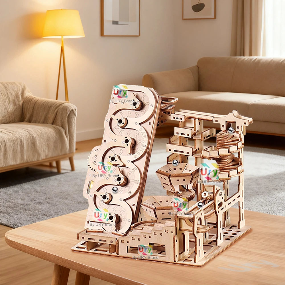 Ury 3D Wooden Puzzle Electric Track Device Marble Run Set Counter Current Compass Model Science Ball Maze Assembly Gift for Kids