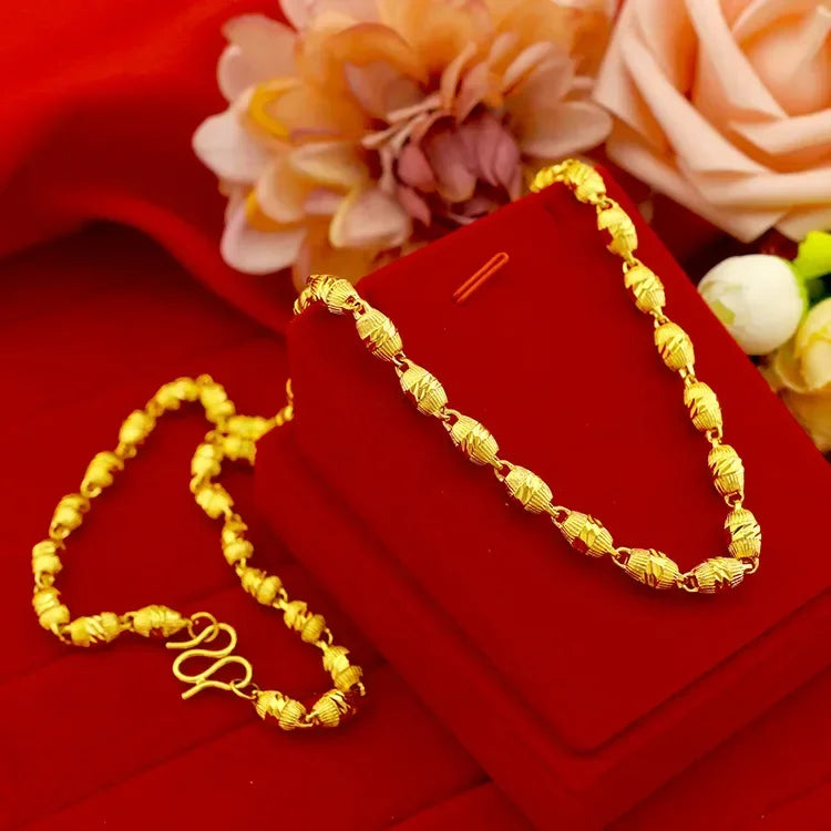 Men's 9999 24K Real Gold European and American Fashion Gold Jewelry Necklaces Embroidery Olive Solid Necklace for Men Women