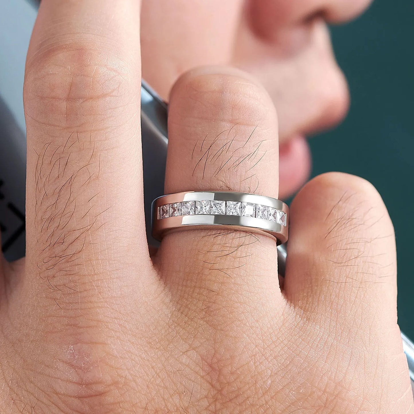Newshe 925 Sterling Silver Moissanite Mens Wedding Band Half Eternity Princess Cut Lab Created Diamond Ring Luxury Jewelry