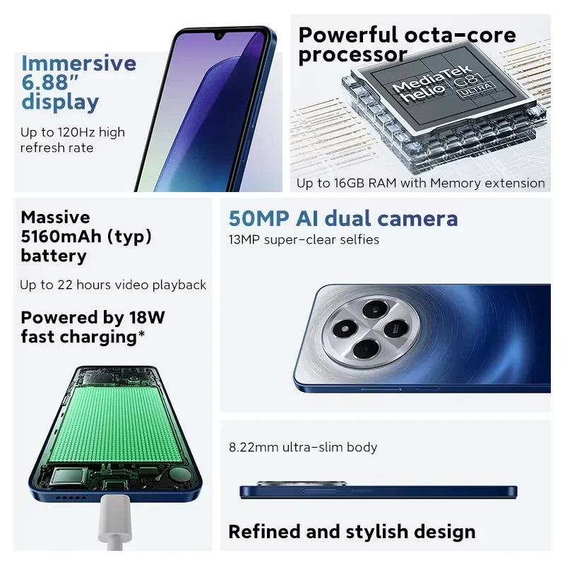 Xiaomi Global Version Redmi 14C Smartphone MediaTek Helio G81-Ultra 50MP AI Dual camera 5160mAh 6.88" 120Hz Display HyperOS