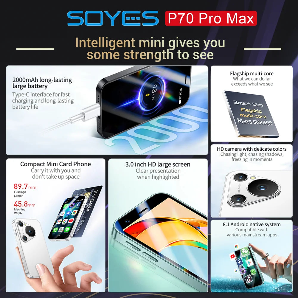 World Premiere SOYES P70 Pro Max Mini Smartphone Android8.1 3.0 Inches 16GB 2000mAh Face ID Dual SIM Standby Play Store 3G