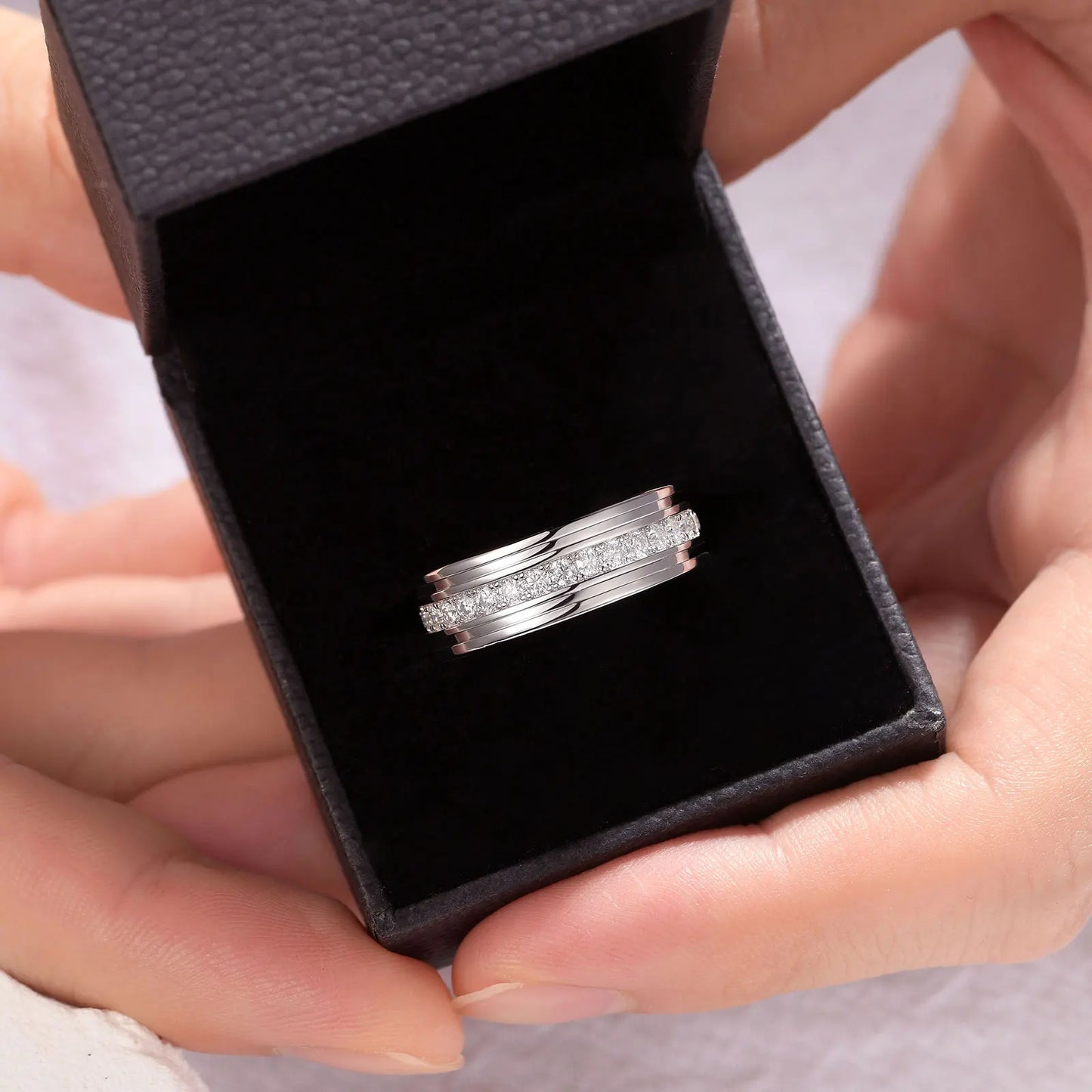 Newshe D Color Men’s Moissanite Wedding Bands 925 Sterling Silver Promise Rings for Him Eternity Round Cut Pave Setting Jewelry