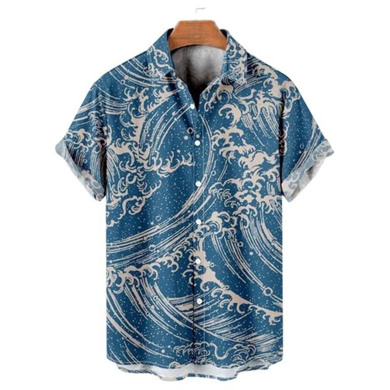 Men's Hawaiian Retro Waves Shirts 3D Printed Short Sleeves casual Lapel Beach Style Tops Fashion Versatile Style Clothing