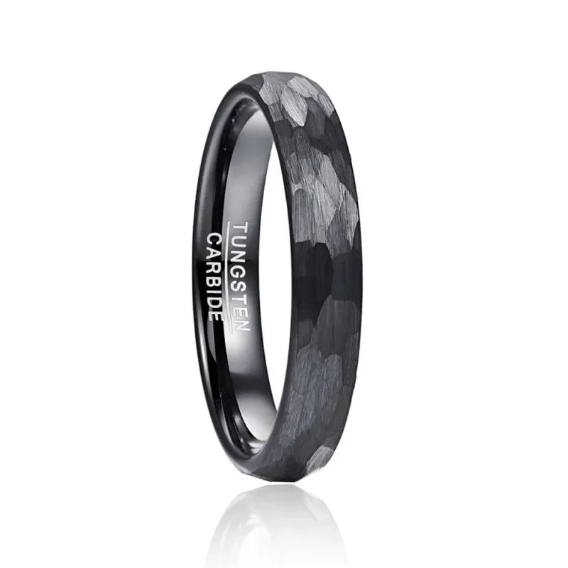 Black 4mm Tungsten Caebide Ring Wedding Band for Men Women Multi-Faceted Hammered Brushed Finish Comfort Fit AAA Quality