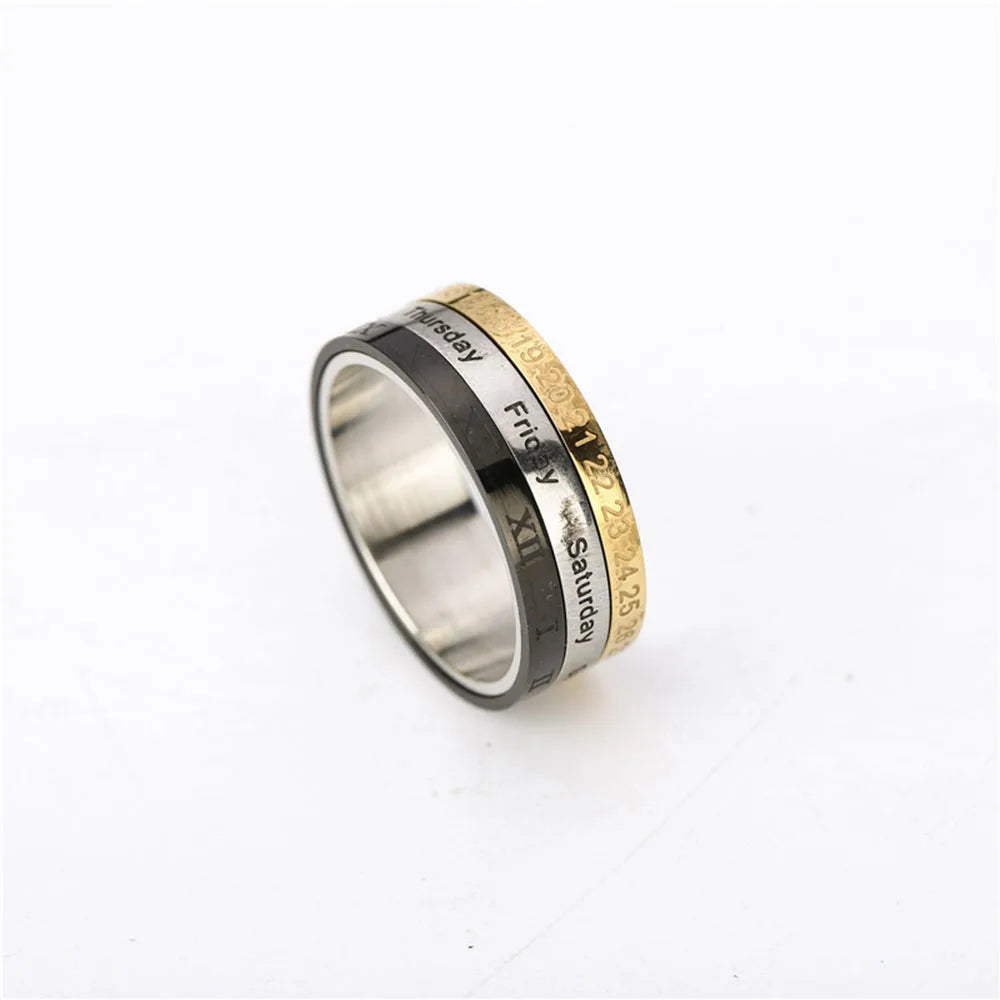Gifts Male Spinner Cool Punk Titanium Steel Date Time Calendar Joint Ring Fashion Jewelry Finger Ring Men Ring