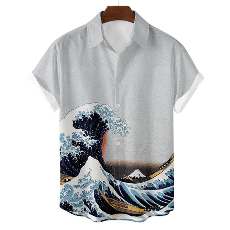 Men's Hawaiian Retro Waves Shirts 3D Printed Short Sleeves casual Lapel Beach Style Tops Fashion Versatile Style Clothing