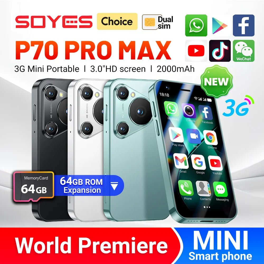 World Premiere SOYES P70 Pro Max Mini Smartphone Android8.1 3.0 Inches 16GB 2000mAh Face ID Dual SIM Standby Play Store 3G